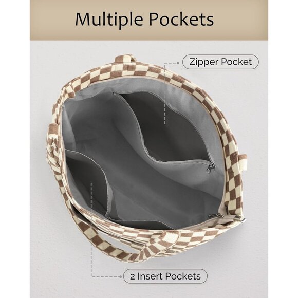 Women CheckeredBrown Corduroy Shoulder Tote Shopping Bag with Zipper and Pockets - Picture 4 of 6